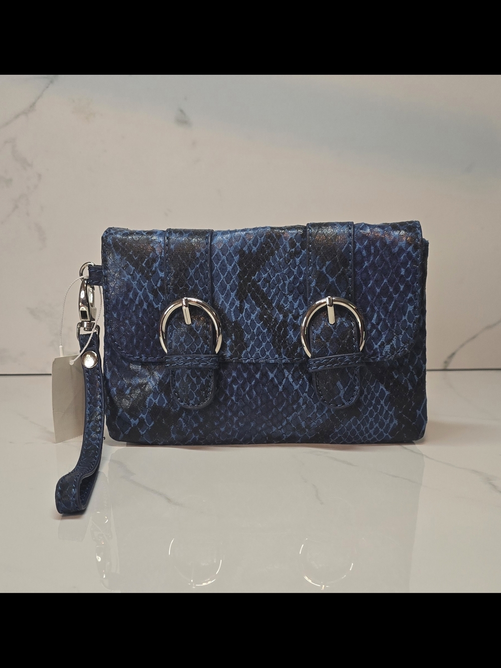Blue Snakeskin Clutch Wristlet | Statement Bag | Chic Silver Hardware NWT